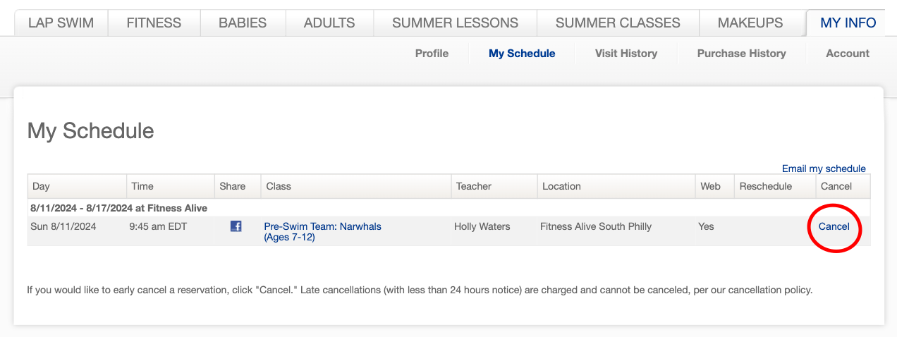 Screenshot of the old MindBody My Schedule page with the Cancel link circled